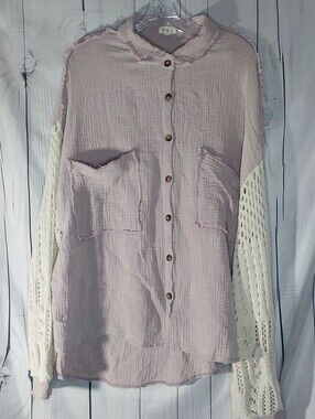 POL Mauve Button-Front Boho Slouchy Festival Top With Crochet Sleeves